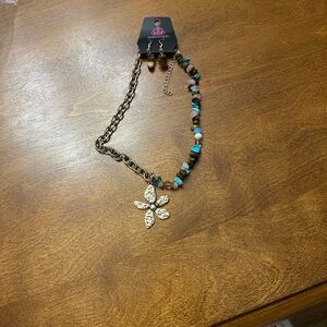 Paparazzi Gold and Turquoise Flower Necklace and Earring Set